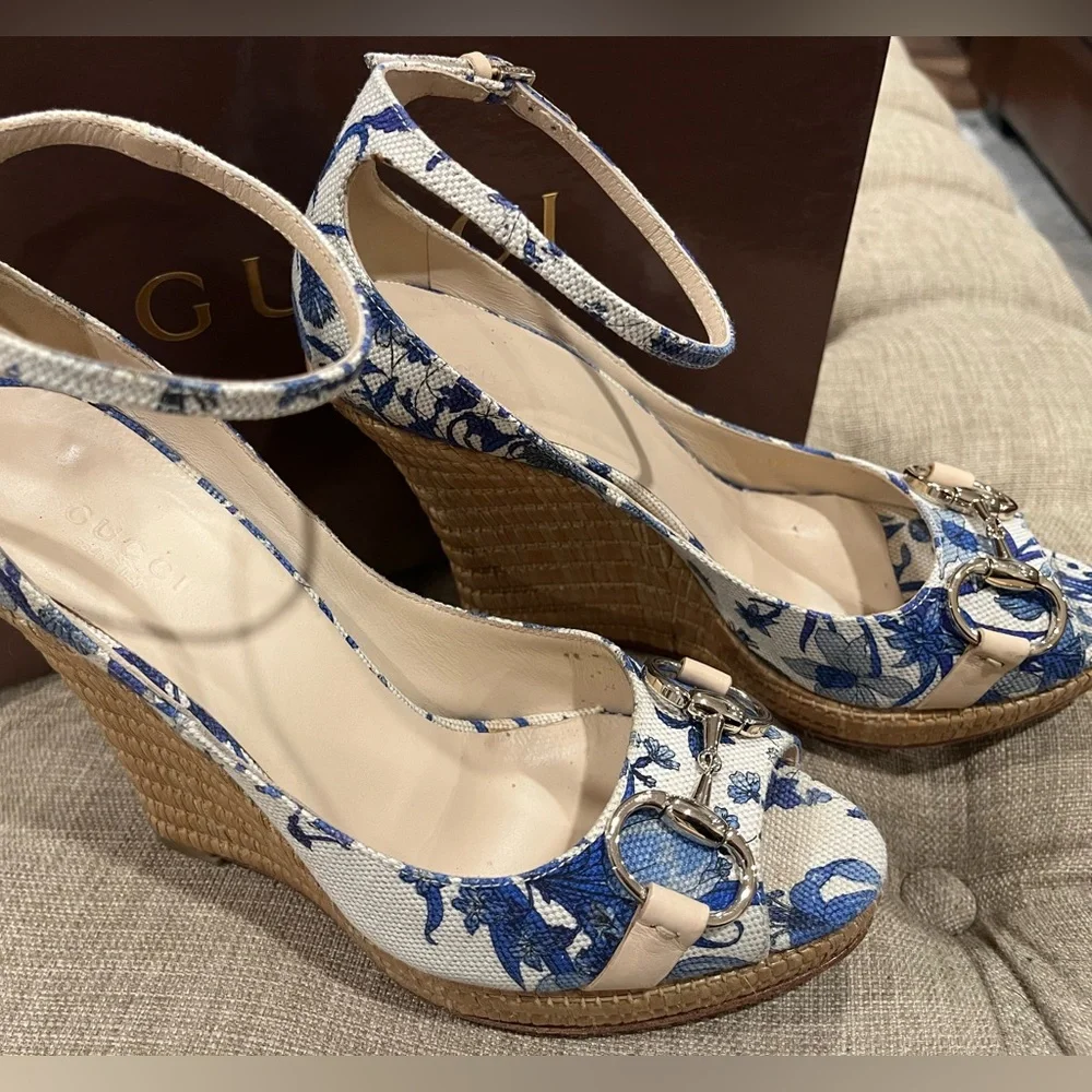 Gucci Blue and White Floral Wedge Sandals with Ankle Strap